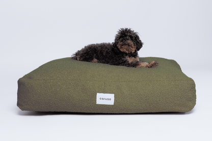 orthopädisches hundebett in beige mit teddyfell frontal mit kleinem Pudel